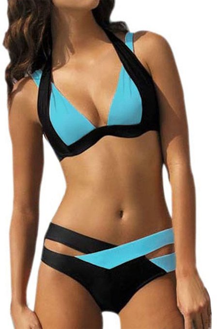 EVALESS Womens Cross Double Colored Padded Push Up Halter Bikini Swimsuit (FBA)