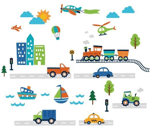 CherryCreek Decals Transportation and City Scene Kids' Room Peel and Stick Wall Sticker Decals