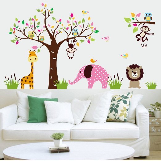 ElecMotive Cartoon Forest Animal Elephant Monkey Lion Giraffe Owls Wall Sticker Diy Posters Removable Art Decals for Kids Rooms Decoration