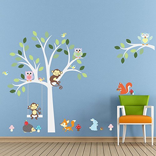 ElecMotive Cartoon Forest Animal Monkey Owls Fox Rabbits Hedgehog Tree Swing Nursery Wall Stickers