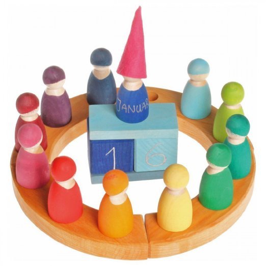Grimm's Set of 12 Rainbow Friends Peg Dolls - Wooden Pretend Play People Figures with Storage Tray