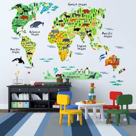 Kids Educational Animal World Map Wall Stickers - EveShine Peel & Stick Home Decor Wall Art Sticker Mural Decals for Kids Baby Children Bedroom Living Room 