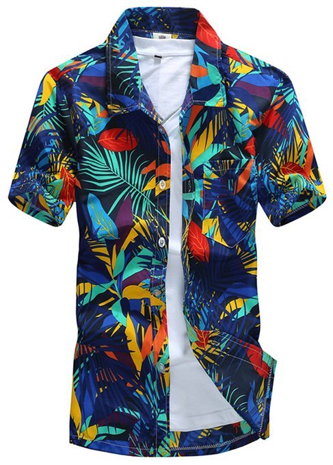 Men's Colorful Floral Printing Short Sleeved Summer Beach Shirt 