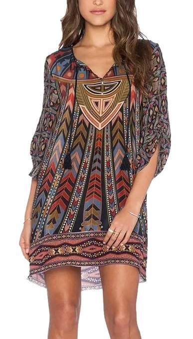 Women Bohemian Neck Tie Vintage Printed Ethnic Style Summer Shift Dress 