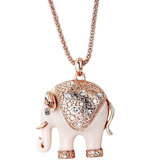 Yoursfs 18K Rose Gold Plated Shinning Rhinestone Ceramic Elephant Pendant Sweater Chain Necklace 