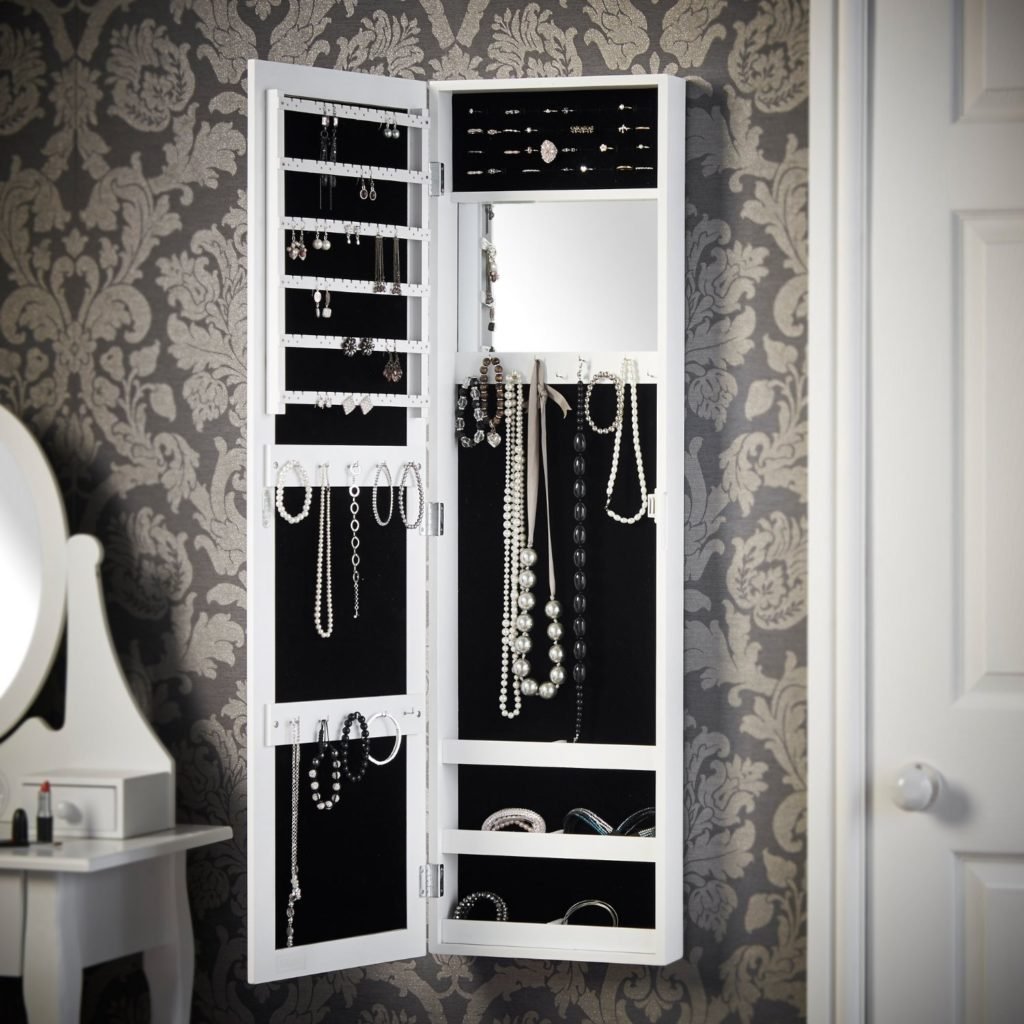 Beautify Mirrored Jewelry Armoire - Door / Wall Mounted Organizer Cabinet with Internal & External Mirror - White 