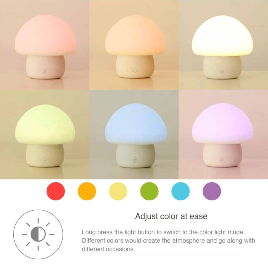 Emoi Multicolor LED Baby Night Light, Portable Silicone Cute Mushroom Nursery Night Lamp