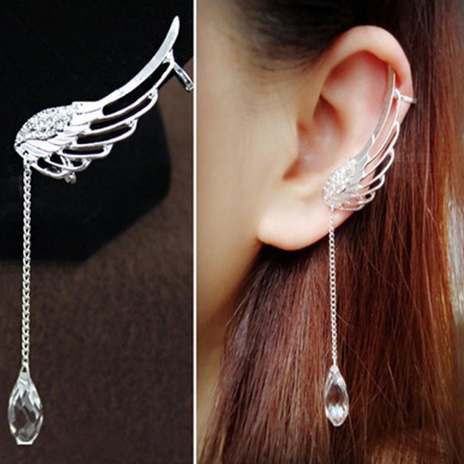 Orangesky Charm Elegant Angel Wing Crystal Earrings Drop Dangle Ear Stud Cuff Clip