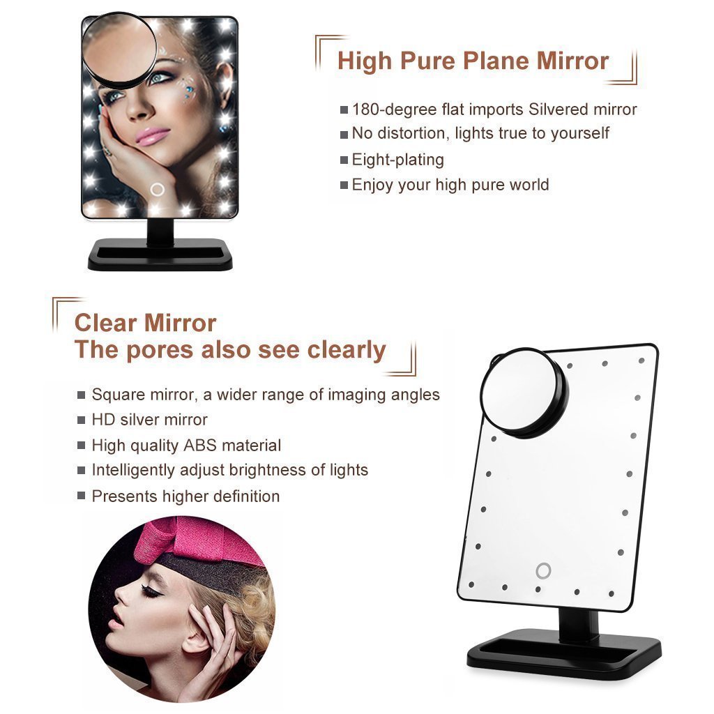 Touch Screen 20 LED Lighted Makeup Mirror with Removable 10x Magnifying Mirrors