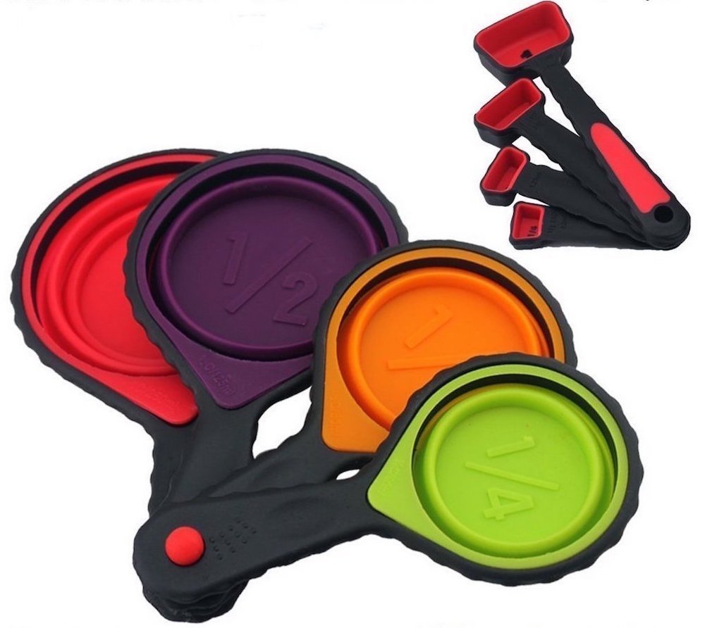 Collapsible portable Silicone Measuring Cups & Spoons 8-Piece Set Folding Great for Traveling Outdoor Camping and Pet food Scoops