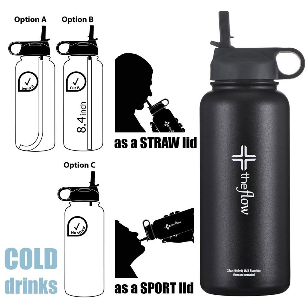 the flow Stainless Steel Water Bottle Double Walled/Vacuum Insulated - BPA/Toxin Free - Wide Mouth with Straw Lid, Carabiner Lid and Flip Lid, 32 oz.(1 Liter) 