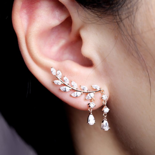 EVERU CZ Vine Jewelry Sweep Wrap Crystal Rose Gold Leaf Ear Cuffs Set Stud Earrings for Women